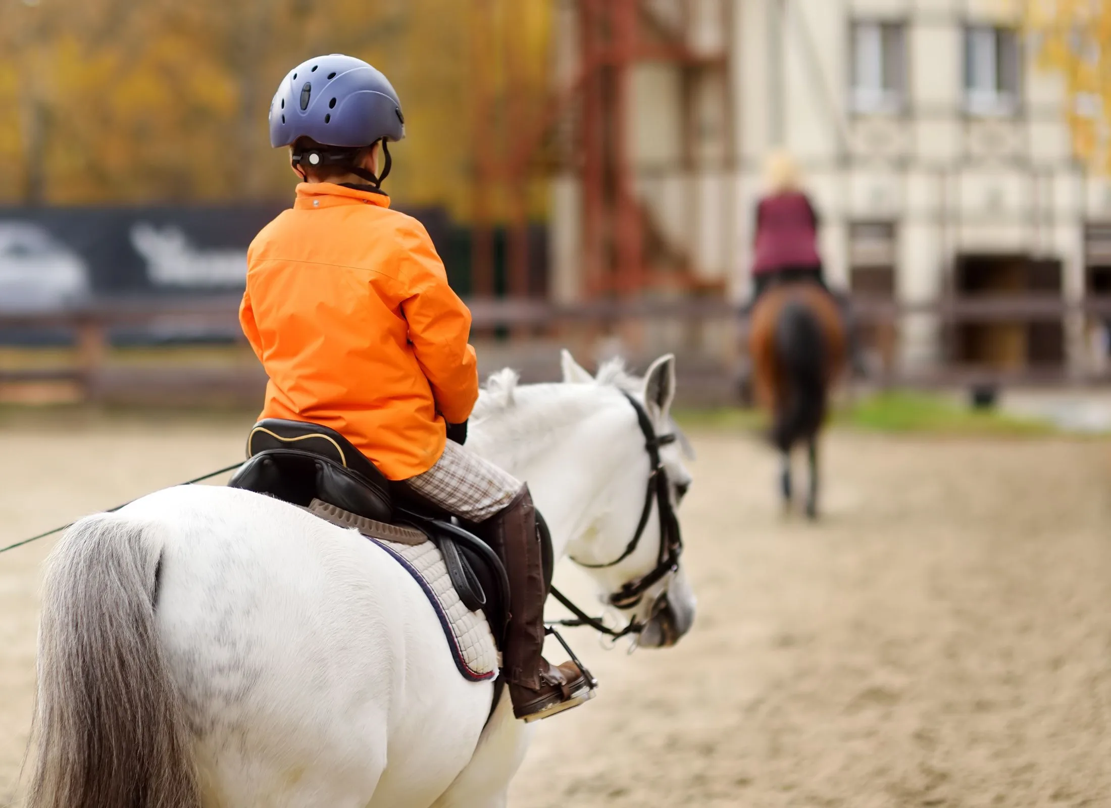 Photo of a child on a horse in a horseback riding lesson.