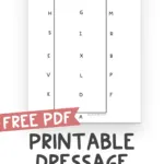 Text reading free PDF printable dressage arena shown next to a hand-drawn dressage arena with letters.