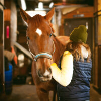 A woman in a vest stands in front of a horse in a barn.