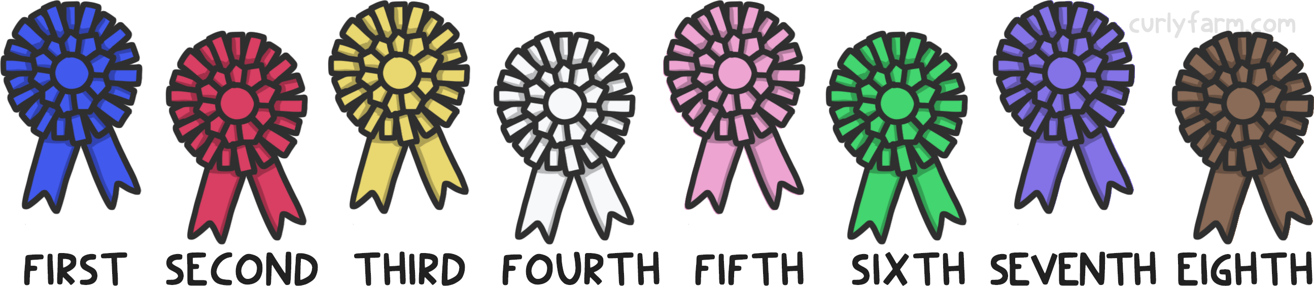 horse show ribbon colors and their meaning and rank, shown in a simple illustration.