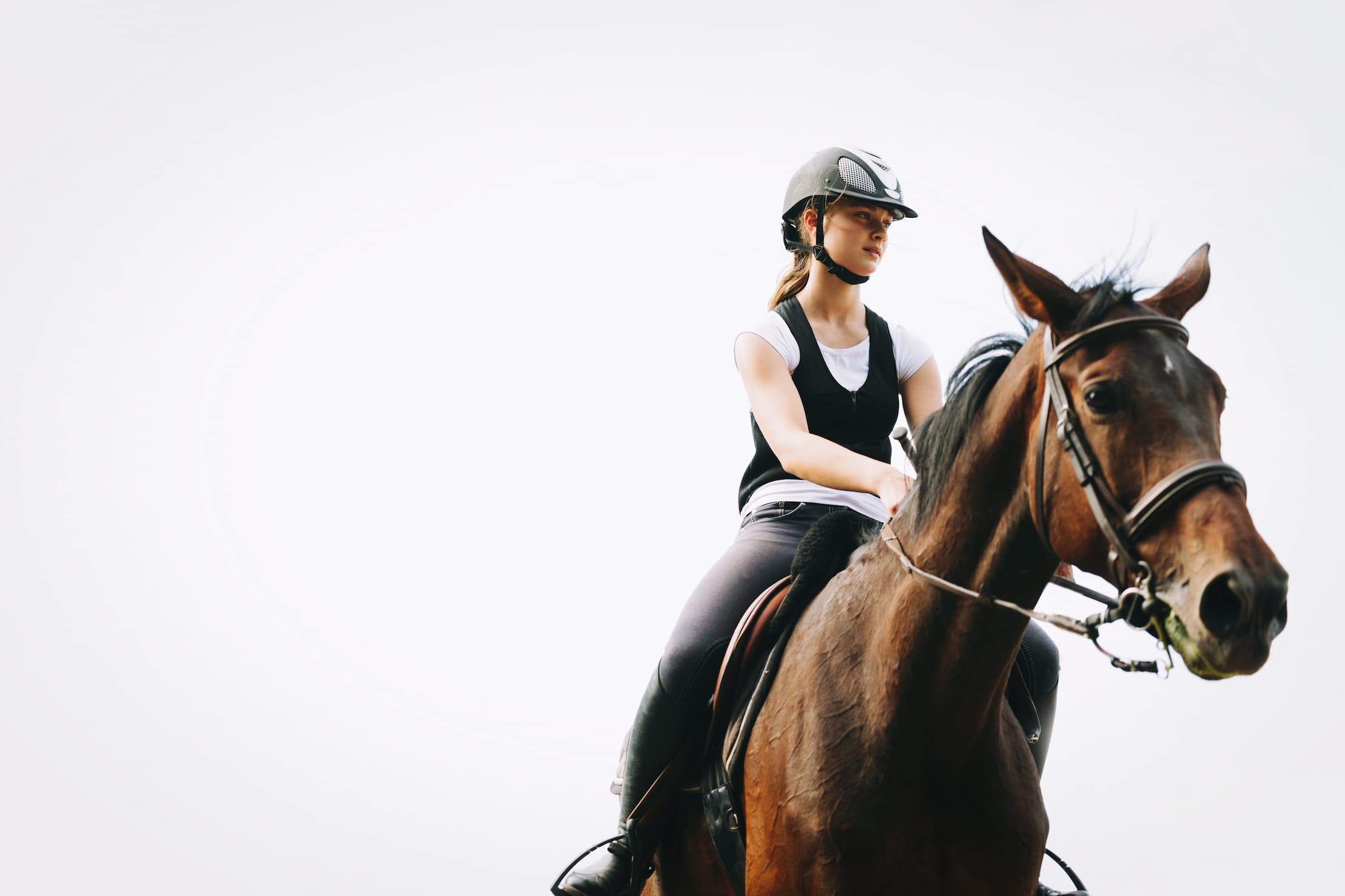 Girl on a horse with a white background.