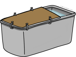 A trough covered with Styrofoam and plywood, secured with clamps, can prevent water from freezing and slow winter water evaporation.