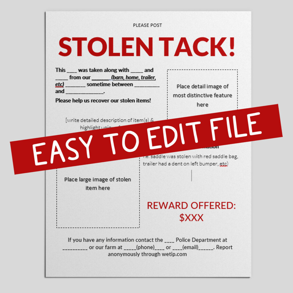 Downloadable flyer template announcing a stolen tack or trailer sample