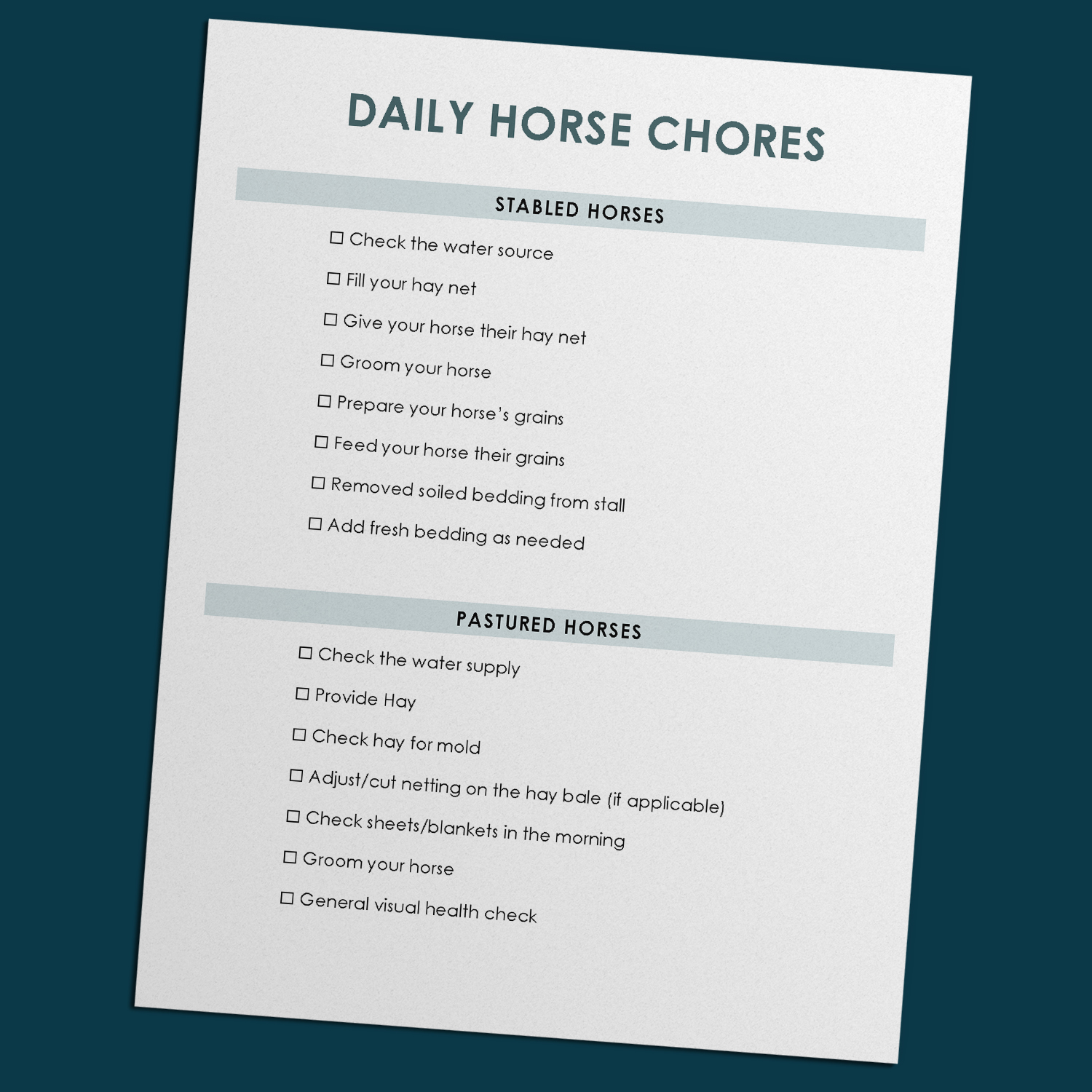 daily horse chore list mockup.