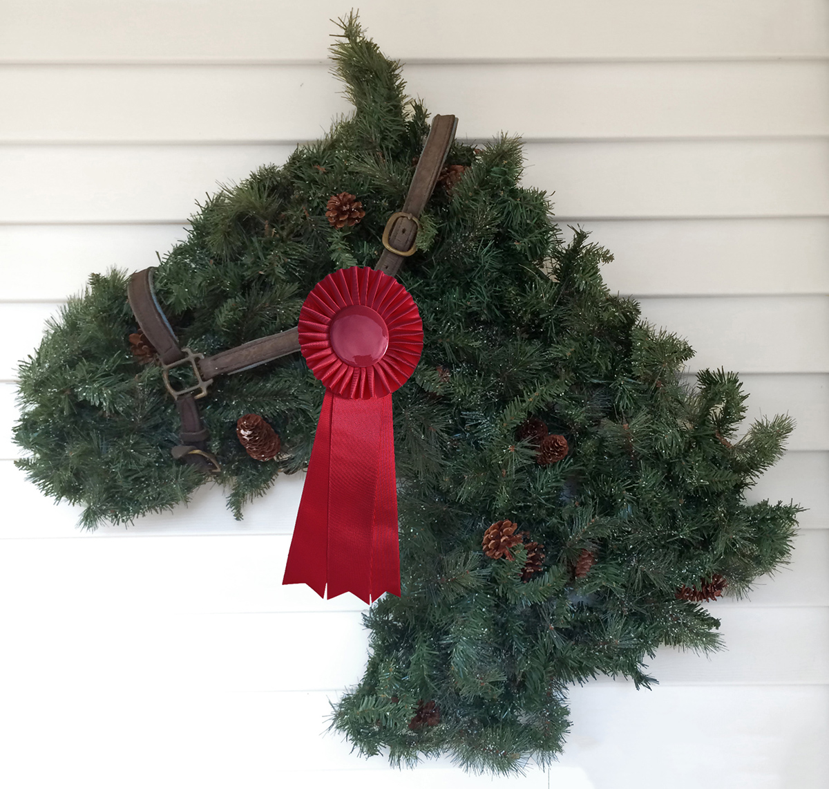 horse show ribbon on a christmas wreath.