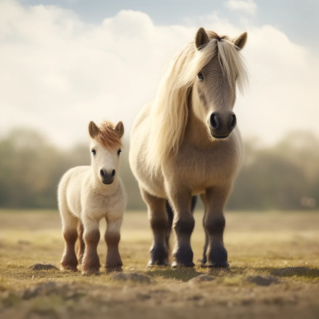 A pony standing next to a miniature horse in a field. 