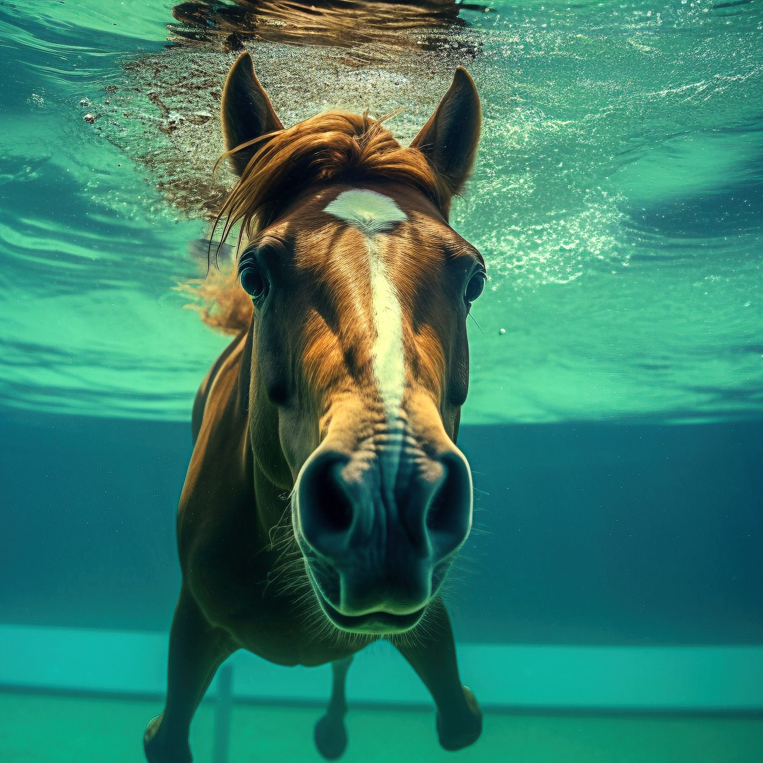 A brown horse swimming underwater in a pool.